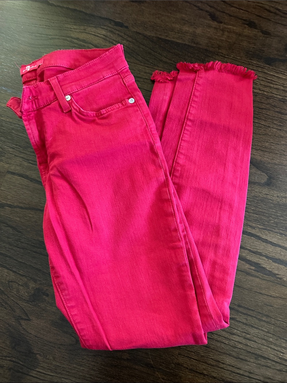 7 For All Mankind Red Frayed Hem Cropped Jeans